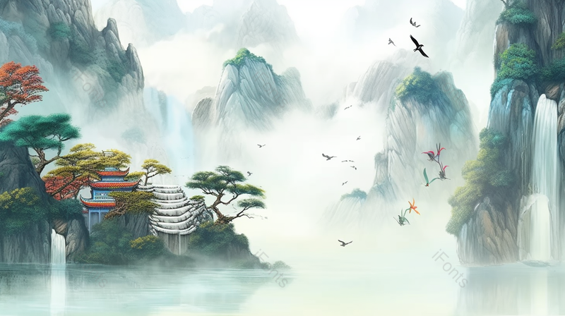 云雾缭绕国风古典山川湖泊河流植物风景插画,插画/手绘图,插画/手绘图库,插画/手绘图下载,插画/手绘